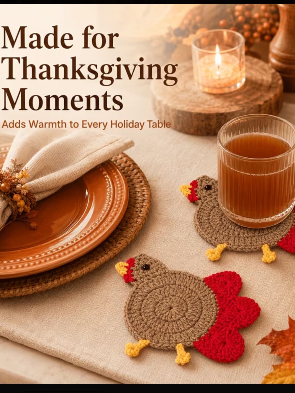 Thanksgiving Turkey Coaster Set- Brown & Red Holiday Table Accents